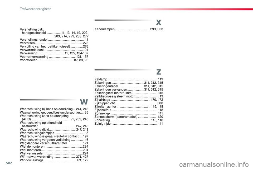 CITROEN JUMPER SPACETOURER 2017  Instructieboekjes (in Dutch) 502
Spacetourer-VP_nl_Chap11_index-alpha_ed01-2016
X
Xenonlampen .......................................299, 303
Zaklamp
 ........................................................ 11

9
Zekeringen
 

.