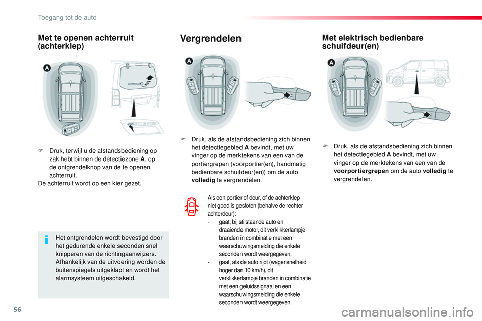 CITROEN JUMPER SPACETOURER 2017  Instructieboekjes (in Dutch) 56
Spacetourer-VP_nl_Chap02_ouvertures_ed01-2016
Met te openen achterruit 
(achterklep)
F Druk, ter wijl u de afstandsbediening op zak hebt binnen de detectiezone A , op 
de ontgrendelknop van de te o