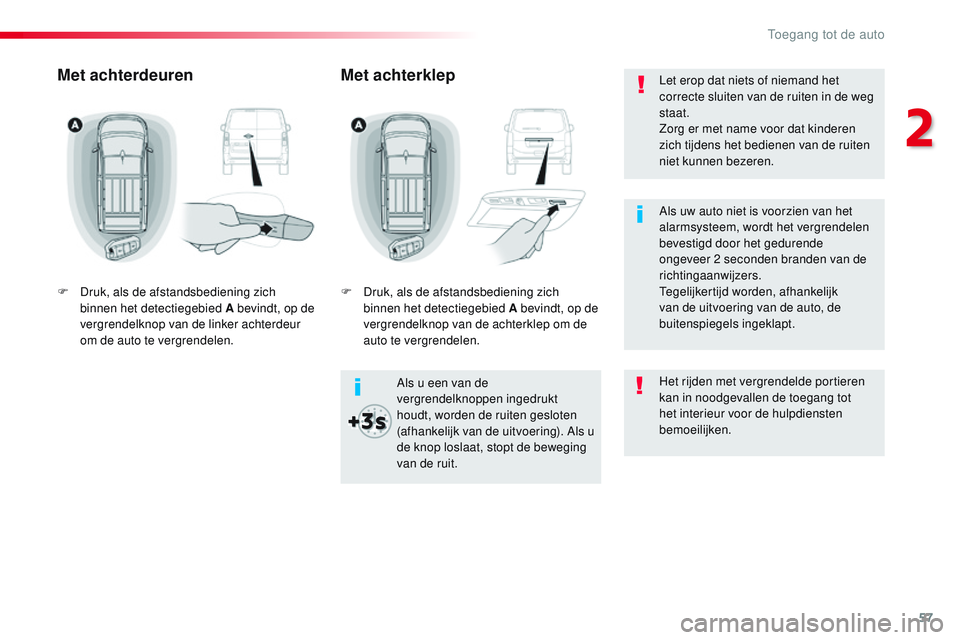 CITROEN JUMPER SPACETOURER 2017  Instructieboekjes (in Dutch) 57
Spacetourer-VP_nl_Chap02_ouvertures_ed01-2016
Let erop dat niets of niemand het 
correcte sluiten van de ruiten in de weg 
staat.
Zorg er met name voor dat kinderen 
zich tijdens het bedienen van d