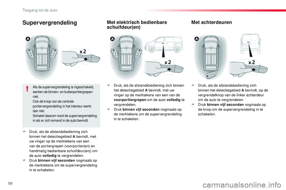 CITROEN JUMPER SPACETOURER 2017  Instructieboekjes (in Dutch) 58
Spacetourer-VP_nl_Chap02_ouvertures_ed01-2016
Supervergrendeling
Als de supervergrendeling is ingeschakeld, 
werken de binnen- en buitenportiergrepen 
niet.
Ook de knop van de centrale 
portierverg