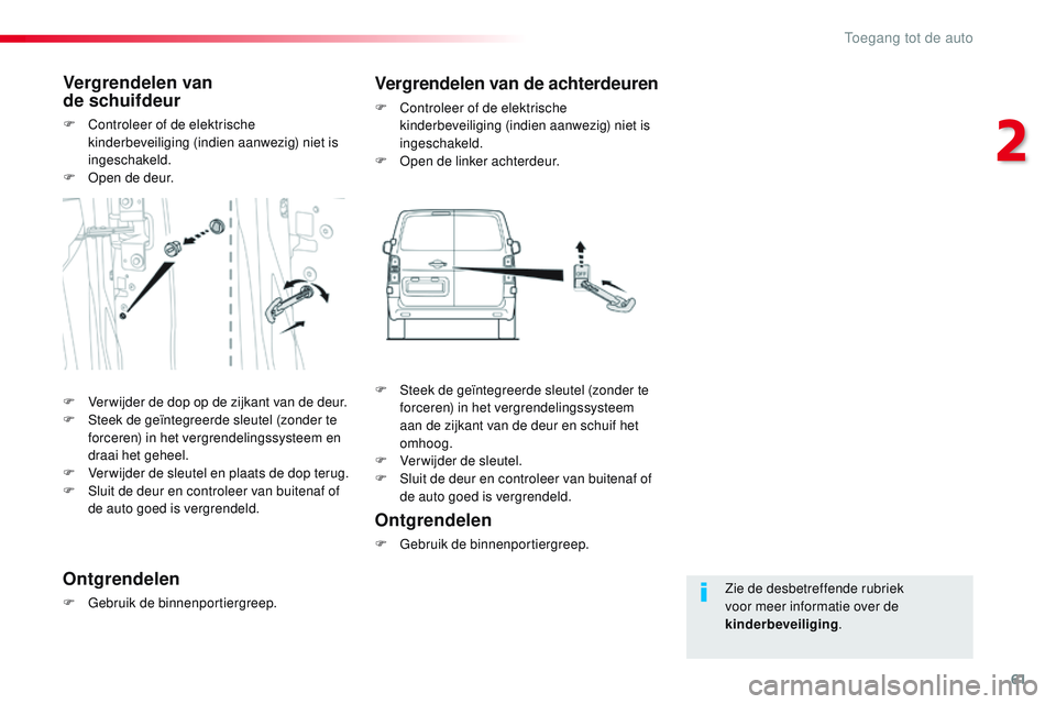 CITROEN JUMPER SPACETOURER 2017 Instructieboekjes (in Dutch) 61
Spacetourer-VP_nl_Chap02_ouvertures_ed01-2016
Zie de desbetreffende rubriek
voor meer informatie over de
kinderbeveiliging.
Vergrendelen van
de schuifdeur
F Controleer of de elektrische
kinder CITROEN JUMPER SPACETOURER 2017 Instructieboekjes (in Dutch) 61
Spacetourer-VP_nl_Chap02_ouvertures_ed01-2016
Zie de desbetreffende rubriek
voor meer informatie over de
kinderbeveiliging.
Vergrendelen van
de schuifdeur
F Controleer of de elektrische
kinder