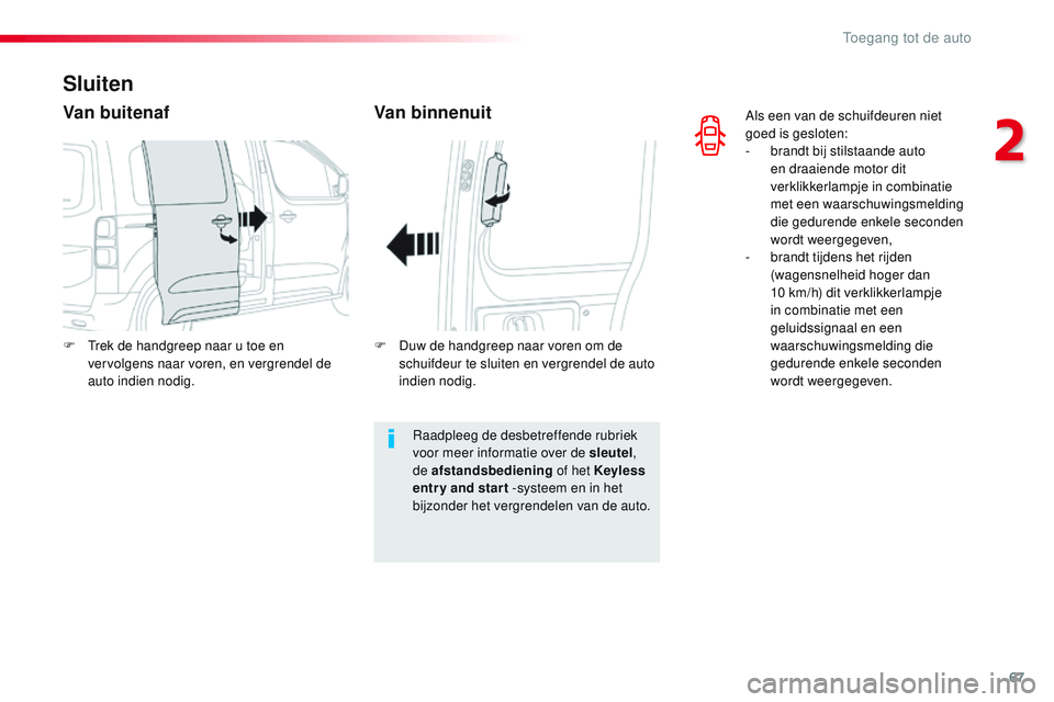 CITROEN JUMPER SPACETOURER 2017 Instructieboekjes (in Dutch) 67
Spacetourer-VP_nl_Chap02_ouvertures_ed01-2016
Als een van de schuifdeuren niet
goed is gesloten:
-
b
randt bij stilstaande auto
en draaiende motor dit
verklikkerlampje in combinatie
met een w CITROEN JUMPER SPACETOURER 2017 Instructieboekjes (in Dutch) 67
Spacetourer-VP_nl_Chap02_ouvertures_ed01-2016
Als een van de schuifdeuren niet
goed is gesloten:
-
b
randt bij stilstaande auto
en draaiende motor dit
verklikkerlampje in combinatie
met een w