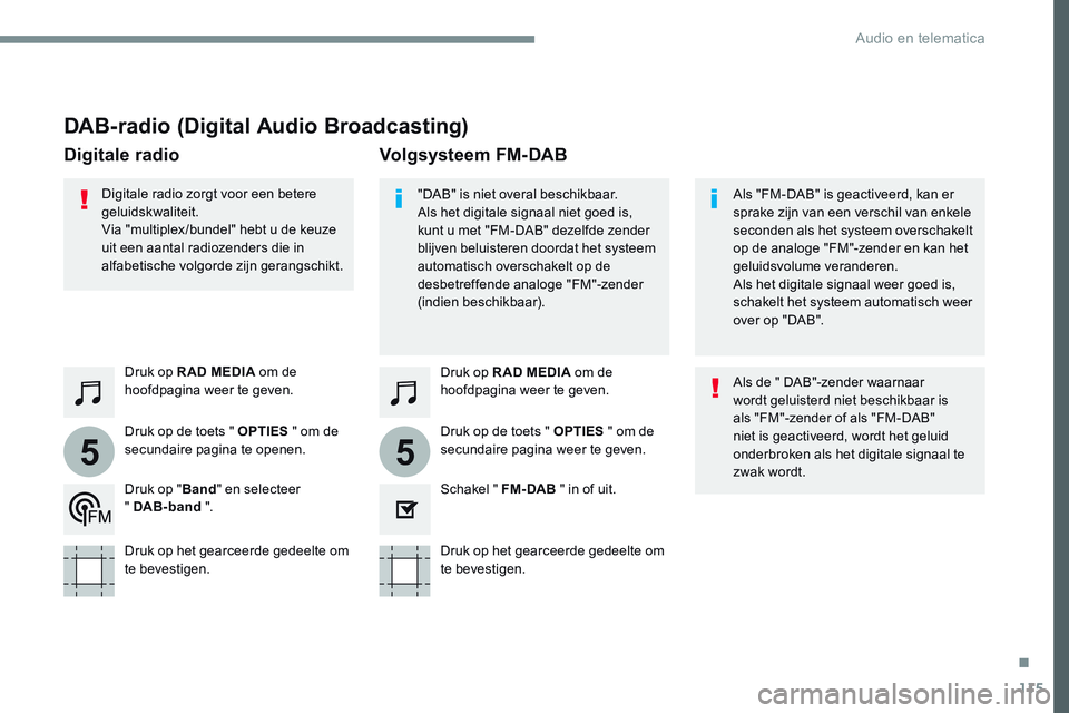 CITROEN JUMPER SPACETOURER 2017  Instructieboekjes (in Dutch) 115
55
Transversal-Citroen_nl_Chap02_RCC-2-2-0_ed01-2016
DAB-radio (Digital Audio Broadcasting)
Druk op R AD MEDIA om de 
hoofdpagina weer te geven.
Druk op de toets " OPTIES " om de 
secundai