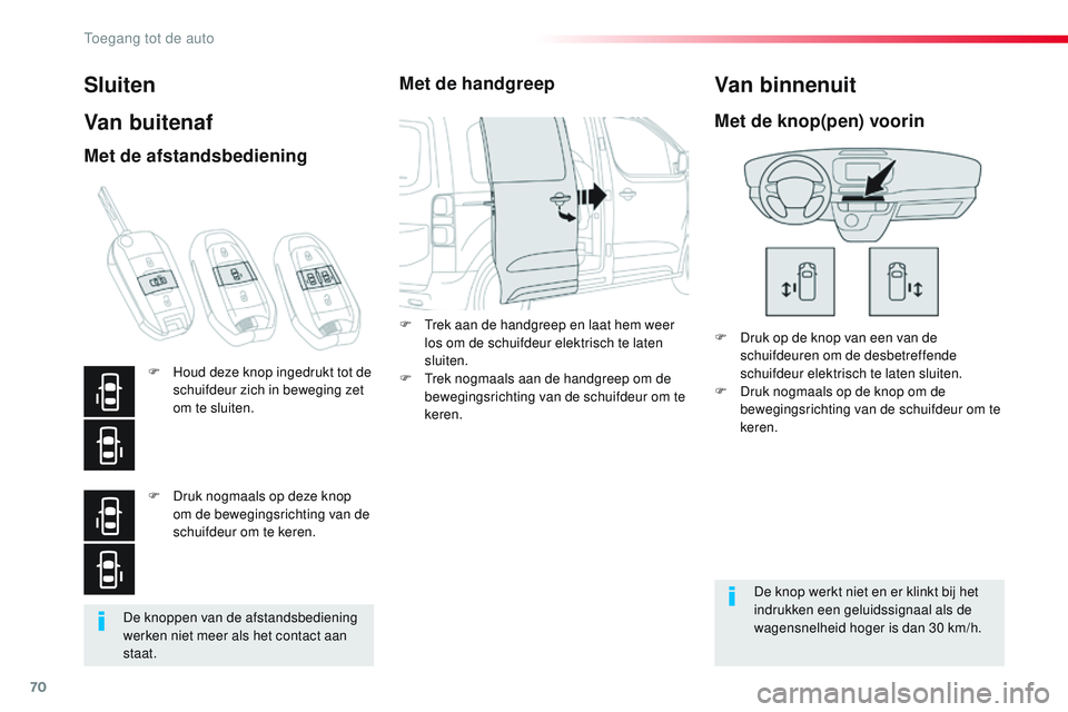 CITROEN JUMPER SPACETOURER 2017 Instructieboekjes (in Dutch) 70
Spacetourer-VP_nl_Chap02_ouvertures_ed01-2016
De knoppen van de afstandsbediening
werken niet meer als het contact aan
staat.
Sluiten
Van buitenaf
F Druk op de knop van een van de schuifdeuren om CITROEN JUMPER SPACETOURER 2017 Instructieboekjes (in Dutch) 70
Spacetourer-VP_nl_Chap02_ouvertures_ed01-2016
De knoppen van de afstandsbediening
werken niet meer als het contact aan
staat.
Sluiten
Van buitenaf
F Druk op de knop van een van de schuifdeuren om
