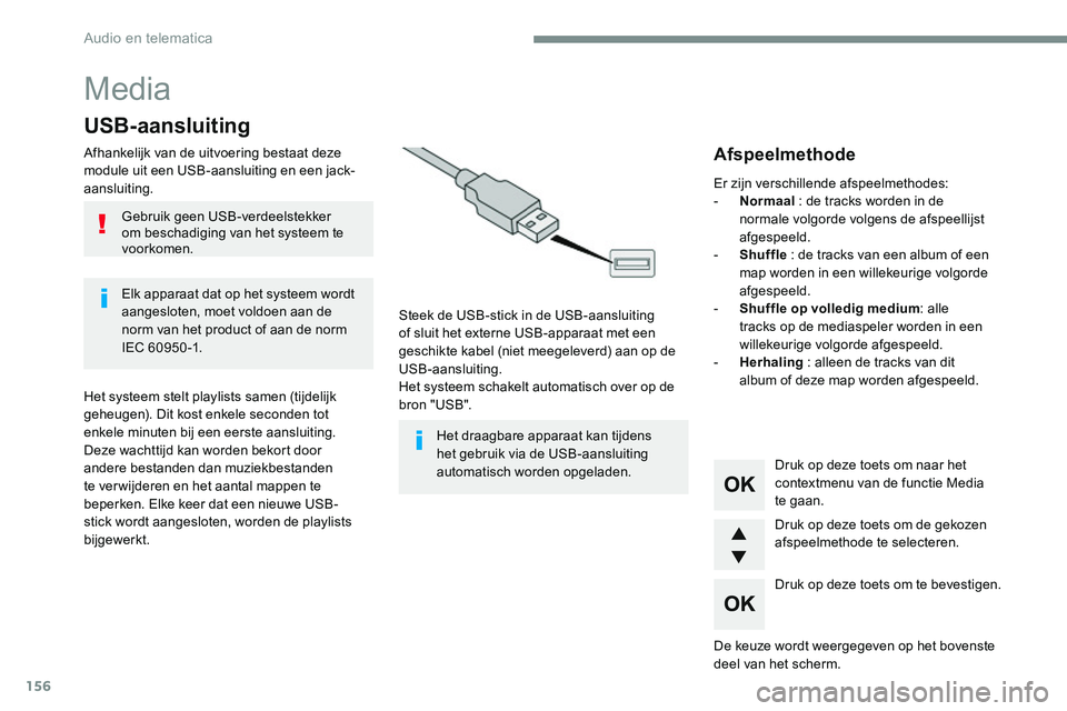 CITROEN JUMPER SPACETOURER 2017  Instructieboekjes (in Dutch) 156
Media
USB-aansluiting
Afhankelijk van de uitvoering bestaat deze 
module uit een USB-aansluiting en een jack-
aansluiting.Steek de USB-stick in de USB-aansluiting 
of sluit het externe USB-apparaa