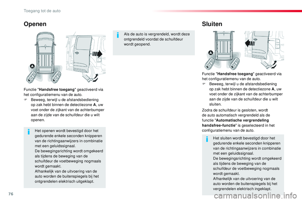 CITROEN JUMPER SPACETOURER 2017 Instructieboekjes (in Dutch) 76
Spacetourer-VP_nl_Chap02_ouvertures_ed01-2016
Het openen wordt bevestigd door het
gedurende enkele seconden knipperen
van de richtingaanwijzers in combinatie
met een geluidssignaal.
De bewegings CITROEN JUMPER SPACETOURER 2017 Instructieboekjes (in Dutch) 76
Spacetourer-VP_nl_Chap02_ouvertures_ed01-2016
Het openen wordt bevestigd door het
gedurende enkele seconden knipperen
van de richtingaanwijzers in combinatie
met een geluidssignaal.
De bewegings