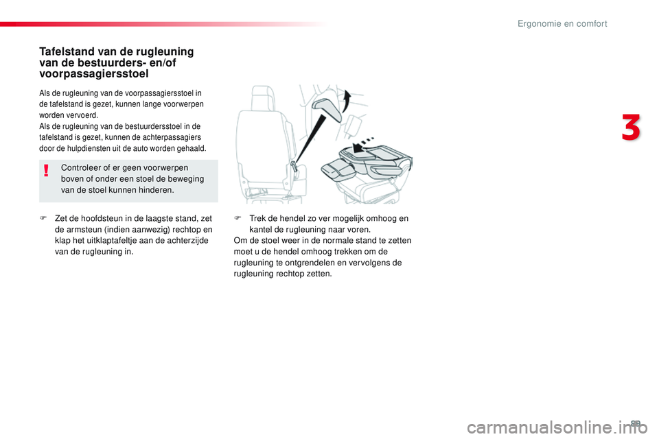 CITROEN JUMPER SPACETOURER 2017  Instructieboekjes (in Dutch) 89
Spacetourer-VP_nl_Chap03_ergonomie-et-confort_ed01-2016
F Zet de hoofdsteun in de laagste stand, zet de armsteun (indien aanwezig) rechtop en 
klap het uitklaptafeltje aan de achterzijde 
van de ru