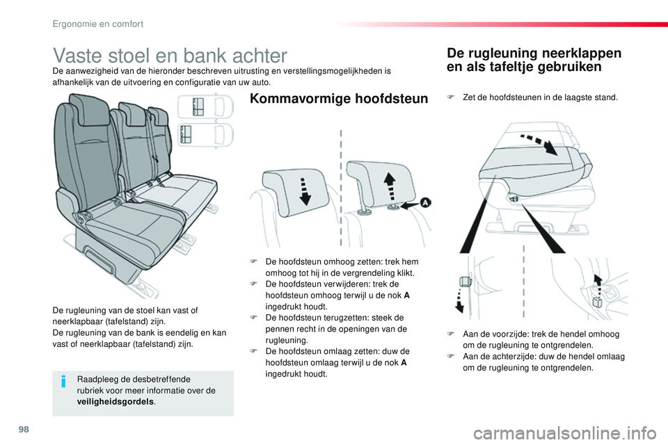 CITROEN JUMPER SPACETOURER 2017  Instructieboekjes (in Dutch) 98
Spacetourer-VP_nl_Chap03_ergonomie-et-confort_ed01-2016
De rugleuning neerklappen 
en als tafeltje gebruiken
F Zet de hoofdsteunen in de laagste stand.
F
 
D

e hoofdsteun omhoog zetten: trek hem 
