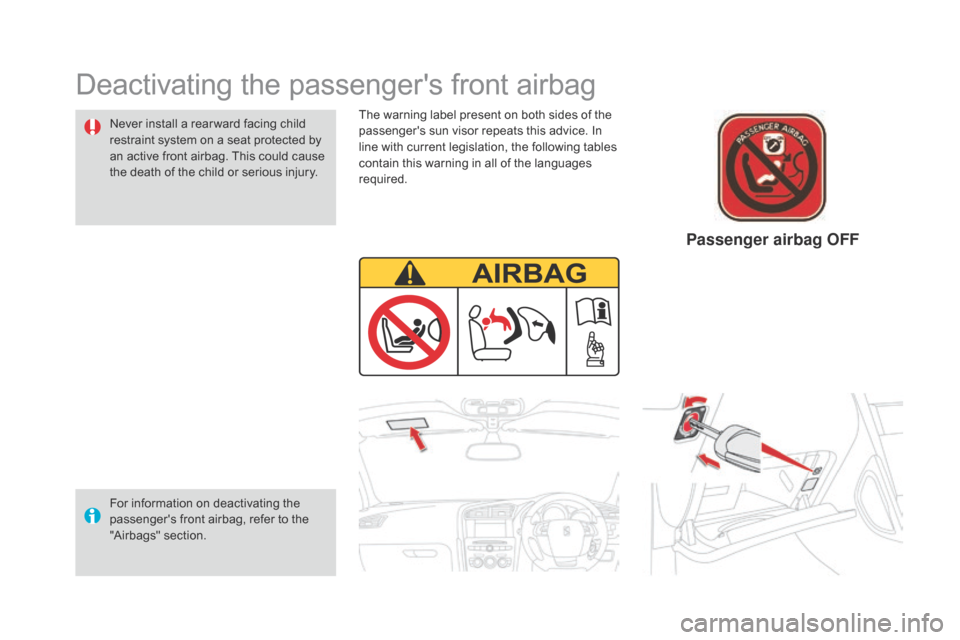 Citroen DS4 2014 1.G Owners Manual The warning label present on both sides of the
passengers sun visor repeats this advice. In
line with current legislation, the following tables
contain this warning in all of the languages
requir Citroen DS4 2014 1.G Owners Manual The warning label present on both sides of the
passengers sun visor repeats this advice. In
line with current legislation, the following tables
contain this warning in all of the languages
requir