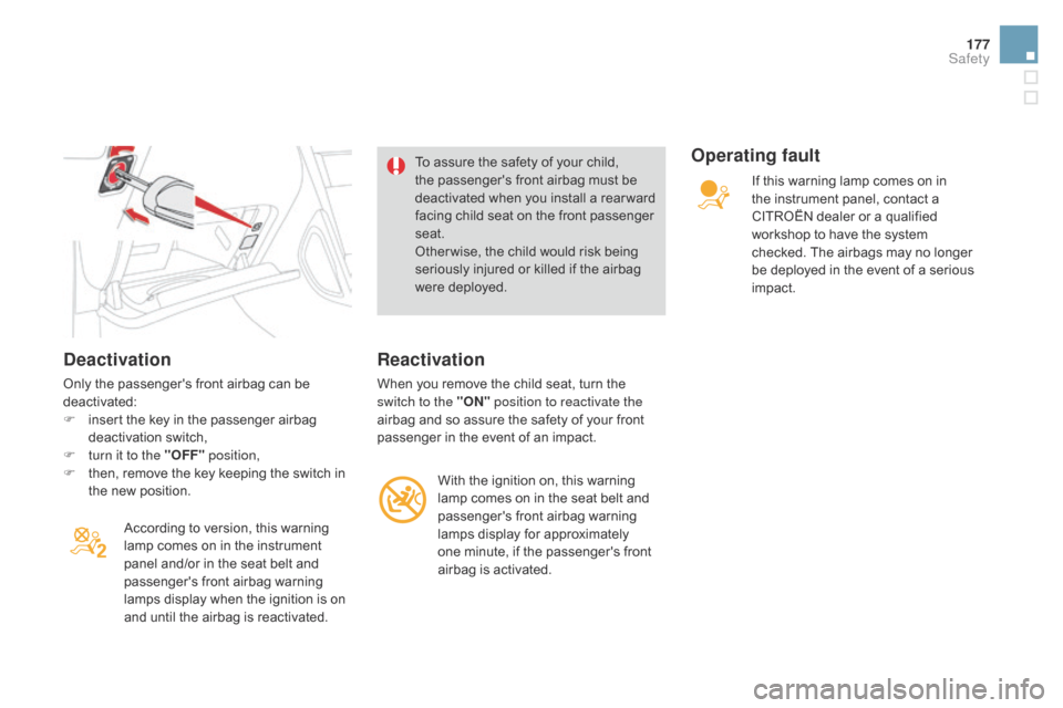 Citroen DS4 2014 1.G Owners Manual 177
deactivation
Only the passengers front airbag can be 
deactivated:
F 
i
 nsert the key in the passenger airbag 
deactivation switch,
F
 
t
 urn it to the "OFF"  position,
F
 
t
 hen, remove the k
