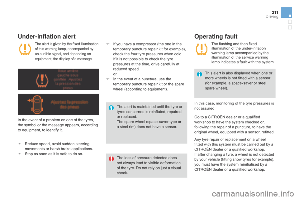 Citroen DS4 2014 1.G Owners Manual 2 11
Under-inflation alert
The loss of pressure detected does 
not always lead to visible deformation 
of the tyre. Do not rely on just a visual 
check.This alert is also displayed when one or 
more w