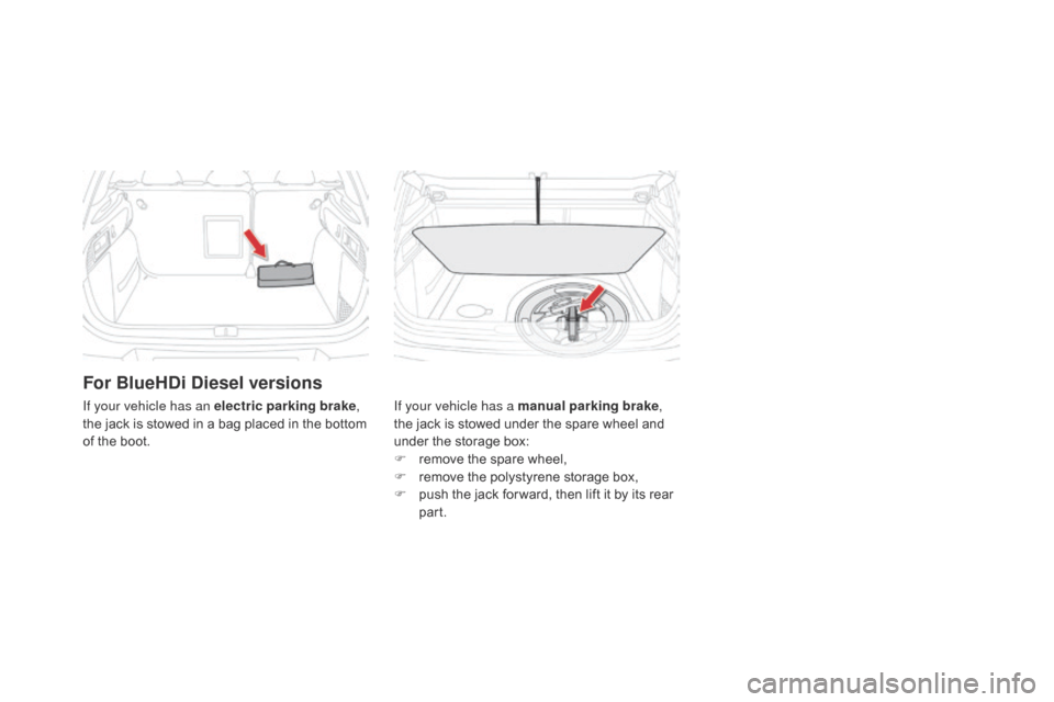 Citroen DS4 2014 1.G Owners Manual For BlueHdi diesel versions
If your vehicle has a manual parking brake, 
the jack is stowed under the spare wheel and 
under the storage box:
F
 
r
 emove the spare wheel,
F
 
r
 emove the polystyrene