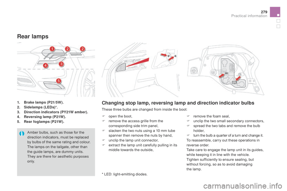 Citroen DS4 2014 1.G Owners Manual 279
1. Brake lamps (P21/5W).
2. Sidelamps (LE d s)*.
3.
  di

rection indicators (PY21W amber).
4.
 R

eversing lamp (P21W).
5.
 R

ear foglamps (P21W).
Rear lamps
Amber bulbs, such as those for the 
