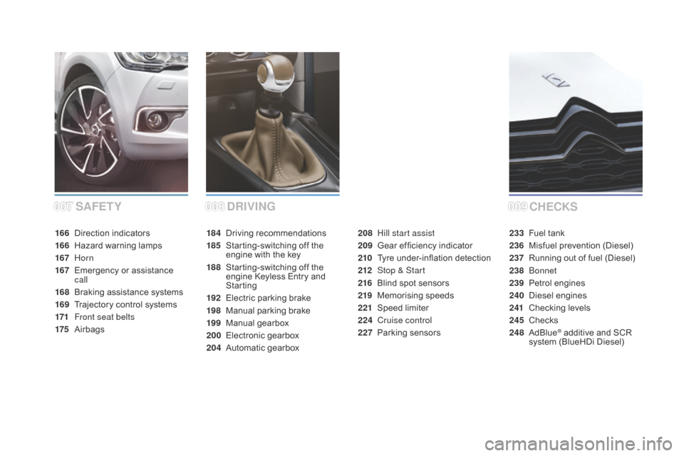 Citroen DS4 2014 1.G Owners Manual SAFETYCHECKSdRIVING
184 Driving recommendations
185
 S

tarting-switching off the 
engine with the key
188
 S

tarting-switching off the 
engine Keyless Entry and 
Starting
192
 E

lectric parking bra