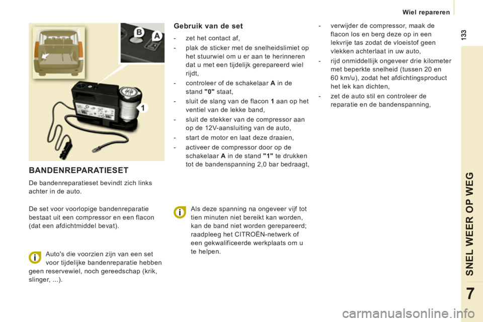 CITROEN JUMPER MULTISPACE 2014 Instructieboekjes (in Dutch)
Wiel repareren
SNEL WEER OP WE
G
7
BANDENREPARATIESET
De bandenreparatieset bevindt zich links
achter in de auto.
De set voor voorlopige bandenreparatie
bestaat uit een compressor en e CITROEN JUMPER MULTISPACE 2014 Instructieboekjes (in Dutch)
Wiel repareren
SNEL WEER OP WE
G
7
BANDENREPARATIESET
De bandenreparatieset bevindt zich links
achter in de auto.
De set voor voorlopige bandenreparatie
bestaat uit een compressor en e