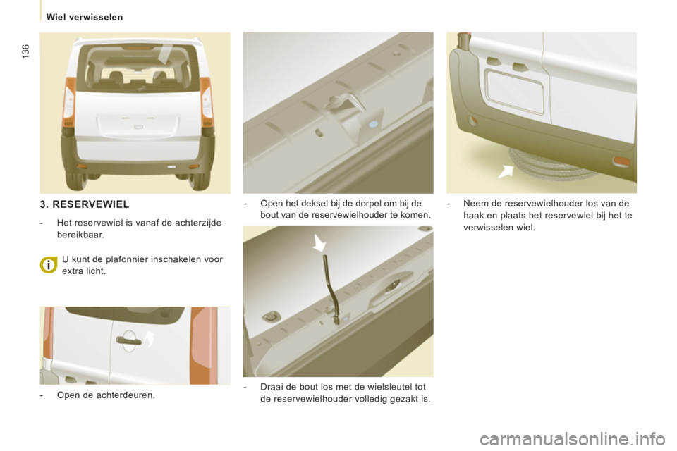 CITROEN JUMPER MULTISPACE 2014 Instructieboekjes (in Dutch) 136
Wiel verwisselen
- Open het deksel bij de dorpel om bij de
bout van de reservewielhouder te komen.
- Draai de bout los met de wielsleutel tot
de reservewielhouder volledig ge CITROEN JUMPER MULTISPACE 2014 Instructieboekjes (in Dutch) 136
Wiel verwisselen
- Open het deksel bij de dorpel om bij de
bout van de reservewielhouder te komen.
- Draai de bout los met de wielsleutel tot
de reservewielhouder volledig ge