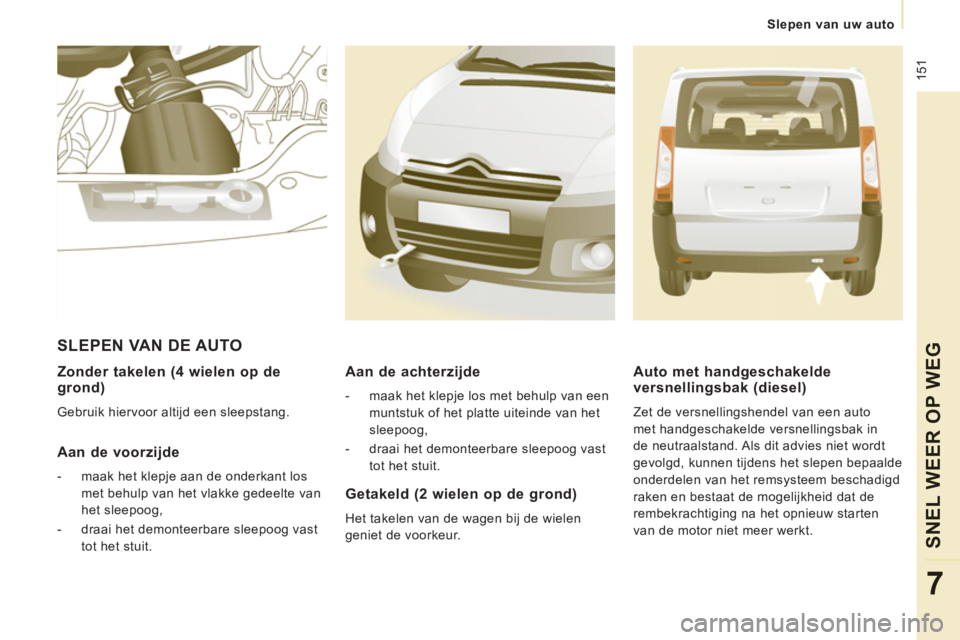 CITROEN JUMPER MULTISPACE 2014  Instructieboekjes (in Dutch)  151
Slepen van uw auto
SNEL WEER OP WE
G
7
   
Zonder takelen (4 wielen op de grond) 
 
Gebruik hiervoor altijd een sleepstang.  
 
 
Aan de voorzijde 
 
 
 
-   maak het klepje aan de onderkant los 