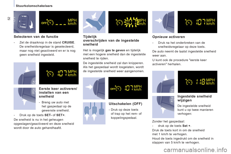 CITROEN JUMPER MULTISPACE 2014  Instructieboekjes (in Dutch) 52
Stuurkolomschakelaars  
 
 
 
Selecteren van de functie
 
 
 
-   Zet de draaiknop in de stand  CRUISE 
. 
De snelheidsregelaar is geselecteerd, 
maar nog niet geactiveerd en er is nog 
geen snelhe