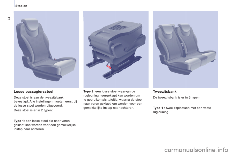 CITROEN JUMPER MULTISPACE 2014  Instructieboekjes (in Dutch) 74
   
 
Stoelen  
 
   
Type 2 
: een losse stoel waarvan de 
rugleuning neergeklapt kan worden om 
te gebruiken als tafeltje, waarna de stoel 
naar voren geklapt kan worden voor een 
gemakkelijke in