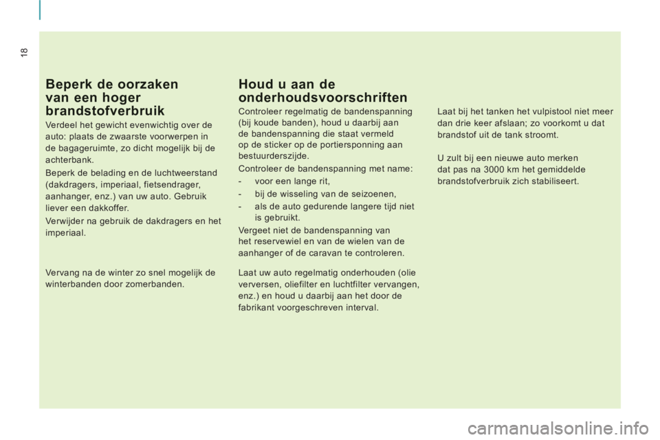 CITROEN JUMPER MULTISPACE 2012 Instructieboekjes (in Dutch) 18
Beperk de oorzaken
van een hoger
brandstofverbruik
Verdeel het gewicht evenwichtig over de
auto: plaats de zwaarste voorwerpen in
de bagageruimte, zo dicht mogelijk bij de
achterbank.
CITROEN JUMPER MULTISPACE 2012 Instructieboekjes (in Dutch) 18
Beperk de oorzaken
van een hoger
brandstofverbruik
Verdeel het gewicht evenwichtig over de
auto: plaats de zwaarste voorwerpen in
de bagageruimte, zo dicht mogelijk bij de
achterbank.