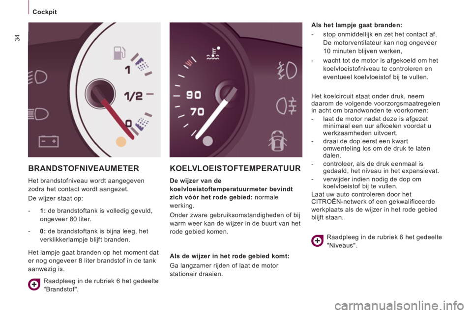 CITROEN JUMPER MULTISPACE 2012 Instructieboekjes (in Dutch) 34
Cockpit
BRANDSTOFNIVEAUMETER
Het brandstofniveau wordt aangegeven
zodra het contact wordt aangezet.
De wijzer staat op:
KOELVLOEISTOFTEMPERATUUR
De wijzer van de
koelvloei CITROEN JUMPER MULTISPACE 2012 Instructieboekjes (in Dutch) 34
Cockpit
BRANDSTOFNIVEAUMETER
Het brandstofniveau wordt aangegeven
zodra het contact wordt aangezet.
De wijzer staat op:
KOELVLOEISTOFTEMPERATUUR
De wijzer van de
koelvloei
