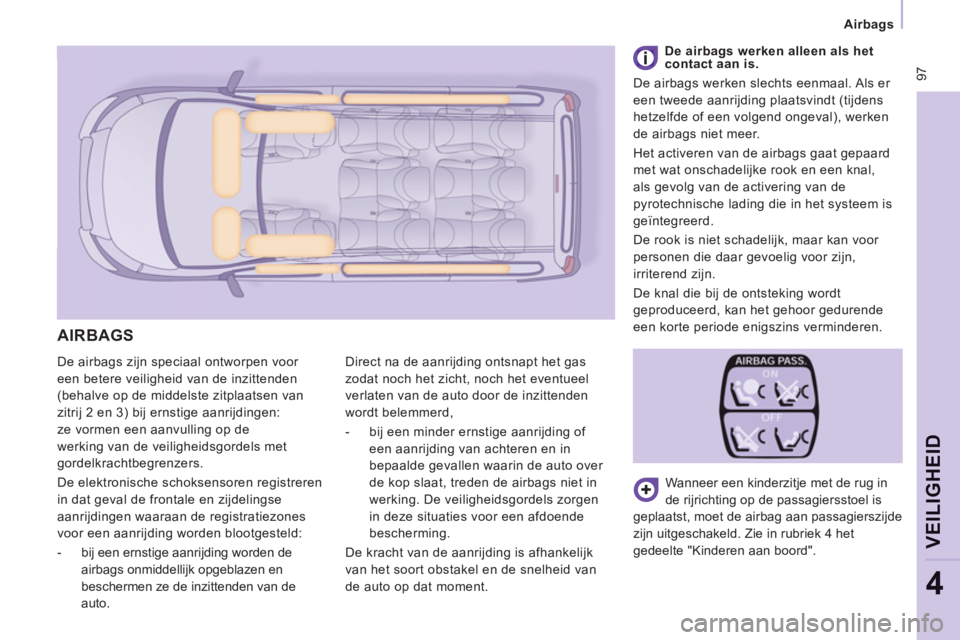 CITROEN JUMPER MULTISPACE 2012 Instructieboekjes (in Dutch) 97
Airbags
VEILIGHEI
D
4
De airbags zijn speciaal ontworpen voor
een betere veiligheid van de inzittenden
(behalve op de middelste zitplaatsen van
zitrij 2 en 3) bij ernstige aanrijding CITROEN JUMPER MULTISPACE 2012 Instructieboekjes (in Dutch) 97
Airbags
VEILIGHEI
D
4
De airbags zijn speciaal ontworpen voor
een betere veiligheid van de inzittenden
(behalve op de middelste zitplaatsen van
zitrij 2 en 3) bij ernstige aanrijding