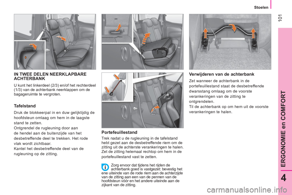 CITROEN NEMO 2014 Instructieboekjes (in Dutch) 101
4
ERGONOMIE en COMFORT
Stoelen
IN TWEE DELEN NEERKLAPBARE
ACHTERBANK
U kunt het linkerdeel (2/3) en/of het rechterdeel
(1/3) van de achterbank neerklappen om de
baga CITROEN NEMO 2014 Instructieboekjes (in Dutch) 101
4
ERGONOMIE en COMFORT
Stoelen
IN TWEE DELEN NEERKLAPBARE
ACHTERBANK
U kunt het linkerdeel (2/3) en/of het rechterdeel
(1/3) van de achterbank neerklappen om de
baga