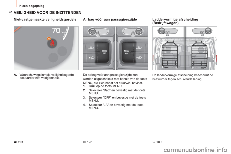 CITROEN NEMO 2014  Instructieboekjes (in Dutch)  16
 
In een oogopslag 
 
VEILIGHEID VOOR DE INZITTENDEN 
 
 
Niet-vastgemaakte veiligheidsgordels 
 
 
 
A. 
 Waarschuwingslampje veiligheidsgordel 
bestuurder niet vastgemaakt.  
 
 
 
Laddervormige