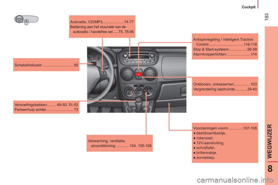 CITROEN NEMO 2014 Instructieboekjes (in Dutch) 183
8
WEGWIJZER
Cockpit
Voorzieningen voorin ..............107-108
●
dashboardkastje,
●
rokersset,
●
12V-aansluiting,
●
schrijftafel,
●
b CITROEN NEMO 2014 Instructieboekjes (in Dutch) 183
8
WEGWIJZER
Cockpit
Voorzieningen voorin ..............107-108
●
dashboardkastje,
●
rokersset,
●
12V-aansluiting,
●
schrijftafel,
●
b