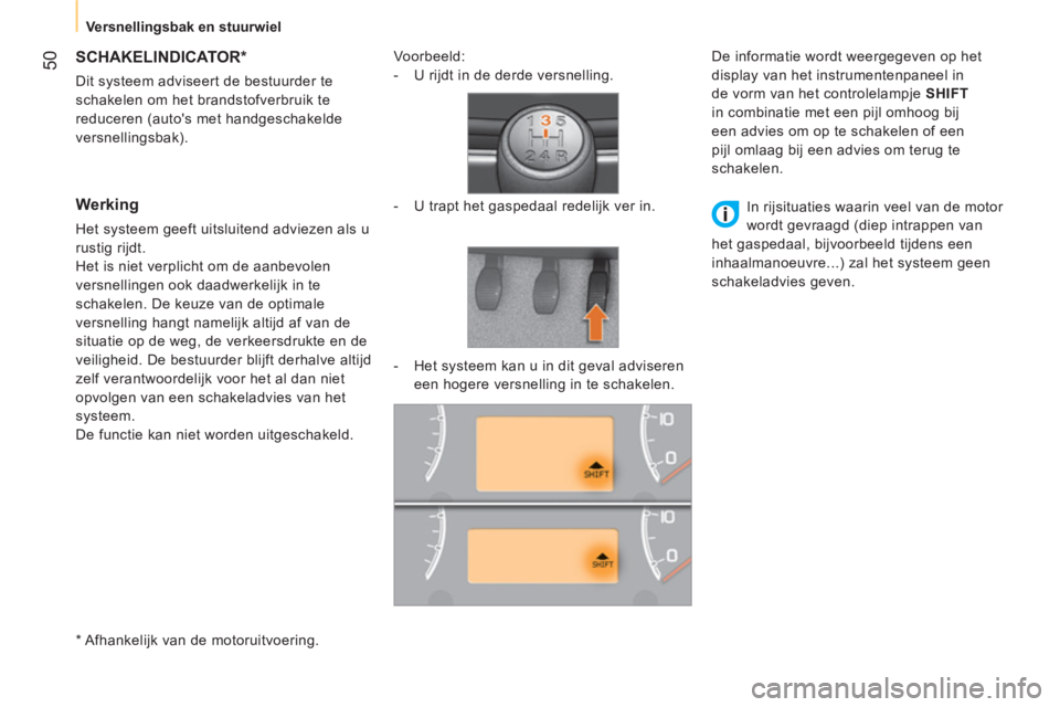 CITROEN NEMO 2014 Instructieboekjes (in Dutch) 50
Versnellingsbak en stuurwiel
SCHAKELINDICATOR *
Dit systeem adviseert de bestuurder te
schakelen om het brandstofverbruik te
reduceren (autos met handgeschak CITROEN NEMO 2014 Instructieboekjes (in Dutch) 50
Versnellingsbak en stuurwiel
SCHAKELINDICATOR *
Dit systeem adviseert de bestuurder te
schakelen om het brandstofverbruik te
reduceren (autos met handgeschak