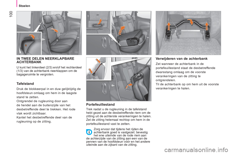 CITROEN NEMO 2013 Instructieboekjes (in Dutch) 100
Stoelen
IN TWEE DELEN NEERKLAPBARE
ACHTERBANK
U kunt het linkerdeel (2/3) en/of het rechterdeel
(1/3) van de achterbank neerklappen om de
bagageruimte te vergroten.
CITROEN NEMO 2013 Instructieboekjes (in Dutch) 100
Stoelen
IN TWEE DELEN NEERKLAPBARE
ACHTERBANK
U kunt het linkerdeel (2/3) en/of het rechterdeel
(1/3) van de achterbank neerklappen om de
bagageruimte te vergroten.