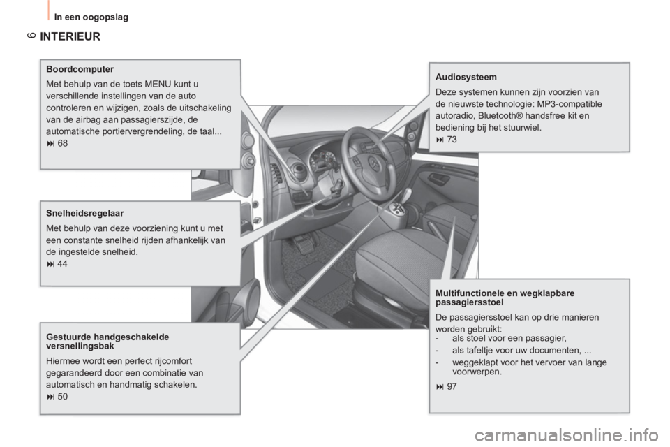 CITROEN NEMO 2013  Instructieboekjes (in Dutch) 6
  In een oogopslag 
 
INTERIEUR  
 
 
Boordcomputer 
  Met behulp van de toets MENU kunt u 
verschillende instellingen van de auto 
controleren en wijzigen, zoals de uitschakeling 
van de airbag aan