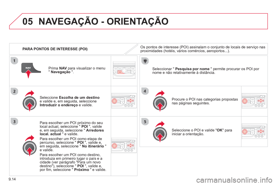 CITROEN BERLINGO MULTISPACE 2013 Manual do condutor (in Portuguese) 9.14
05
PARA PONTOS DE INTERESSE (POI)
NAVEGAÇÃO - ORIENTAÇÃO
Os pontos de interesse (POI) assinalam o conjunto de locais de serviço nasproximidades (hotéis, vários comércios, aeroportos CITROEN BERLINGO MULTISPACE 2013 Manual do condutor (in Portuguese) 9.14
05
PARA PONTOS DE INTERESSE (POI)
NAVEGAÇÃO - ORIENTAÇÃO
Os pontos de interesse (POI) assinalam o conjunto de locais de serviço nasproximidades (hotéis, vários comércios, aeroportos