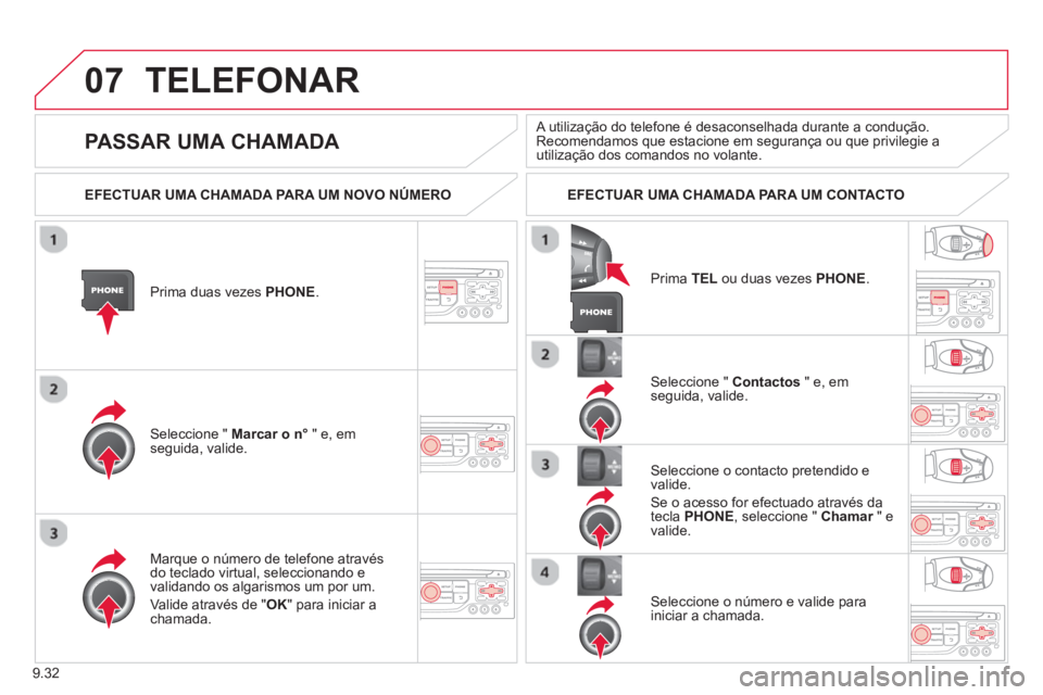 CITROEN BERLINGO MULTISPACE 2013 Manual do condutor (in Portuguese) 9.32
07TELEFONAR
Prima duas vezes PHONE .
Seleccione " Marcar o n°
" e, em
seguida, valide.
Seleccione " Contactos" e, em
seguida, valide.
Mar
que o número de telefone através
do teclado v CITROEN BERLINGO MULTISPACE 2013 Manual do condutor (in Portuguese) 9.32
07TELEFONAR
Prima duas vezes PHONE .
Seleccione " Marcar o n°
" e, em
seguida, valide.
Seleccione " Contactos" e, em
seguida, valide.
Mar
que o número de telefone através
do teclado v