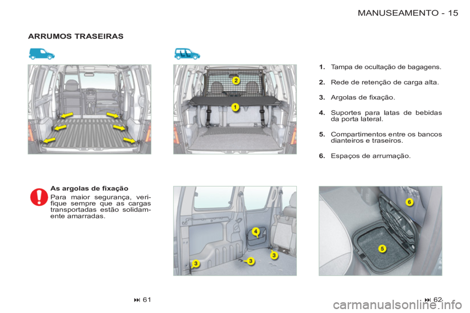 CITROEN BERLINGO FIRST 2011  Manual do condutor (in Portuguese) 15MANUSEAMENTO-
  ARRUMOS TRASEIRAS
 
 
As argolas de ﬁ xação 
   
Para maior segurança, veri-
ﬁ que sempre que as cargas 
transportadas estão solidam-
ente amarradas. 
   
 
� 
 61  
    
 
