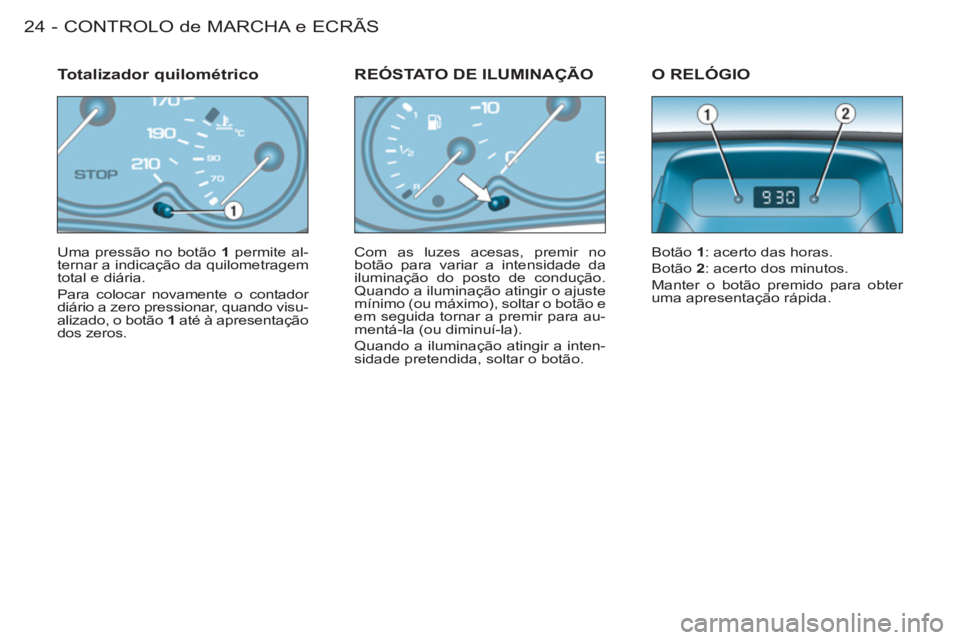 CITROEN BERLINGO FIRST 2011  Manual do condutor (in Portuguese) CONTROLO de MARCHA e ECRÃS
24 -
  Uma pressão no botão  1  permite al-
ternar a indicação da quilometragem 
total e diária. 
  Para colocar novamente o contador 
diário a zero pressionar, quand