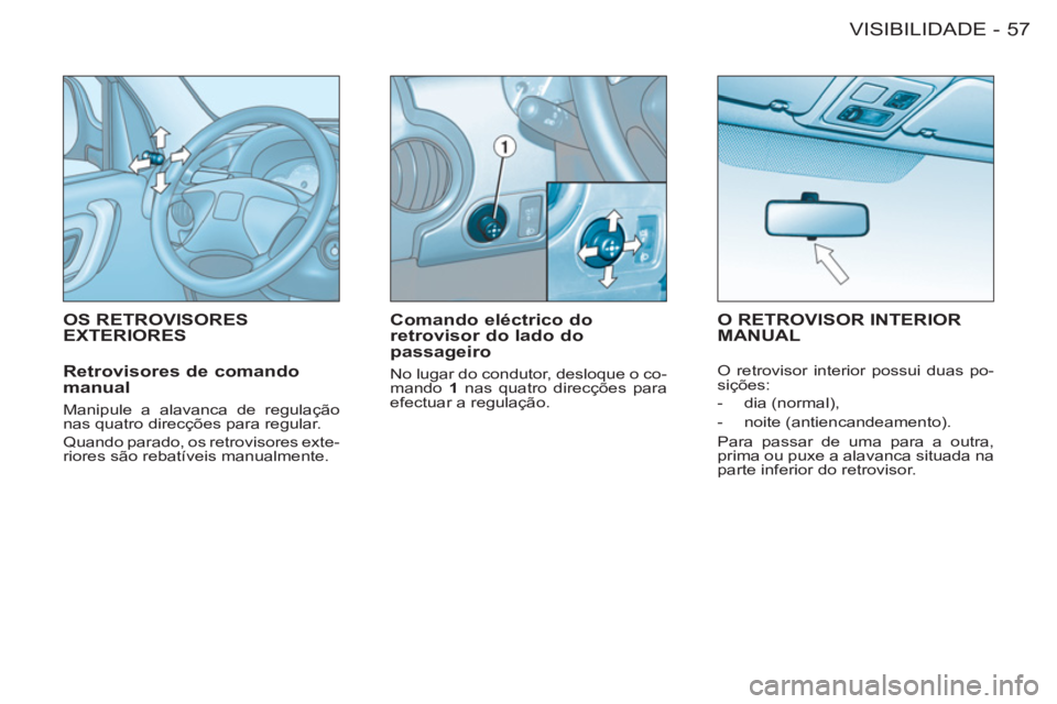 CITROEN BERLINGO FIRST 2011  Manual do condutor (in Portuguese) 57 VISIBILIDADE-
OS RETROVISORESEXTERIORES    
Comando eléctrico do 
retrovisor do lado do 
passageiro 
  No lugar do condutor, desloque o co-
mando  1  nas quatro direcções para 
efectuar a regula