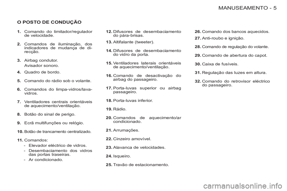 CITROEN BERLINGO FIRST 2011  Manual do condutor (in Portuguese) 5MANUSEAMENTO-
  O POSTO DE CONDUÇÃO 
 
 
12. 
 Difusores de desembaciamento 
do pára-brisas. 
   
13. 
 Altifalante  (tweeter). 
   
14. 
 Difusores de desembaciamento 
do vidro da porta. 
   
15.