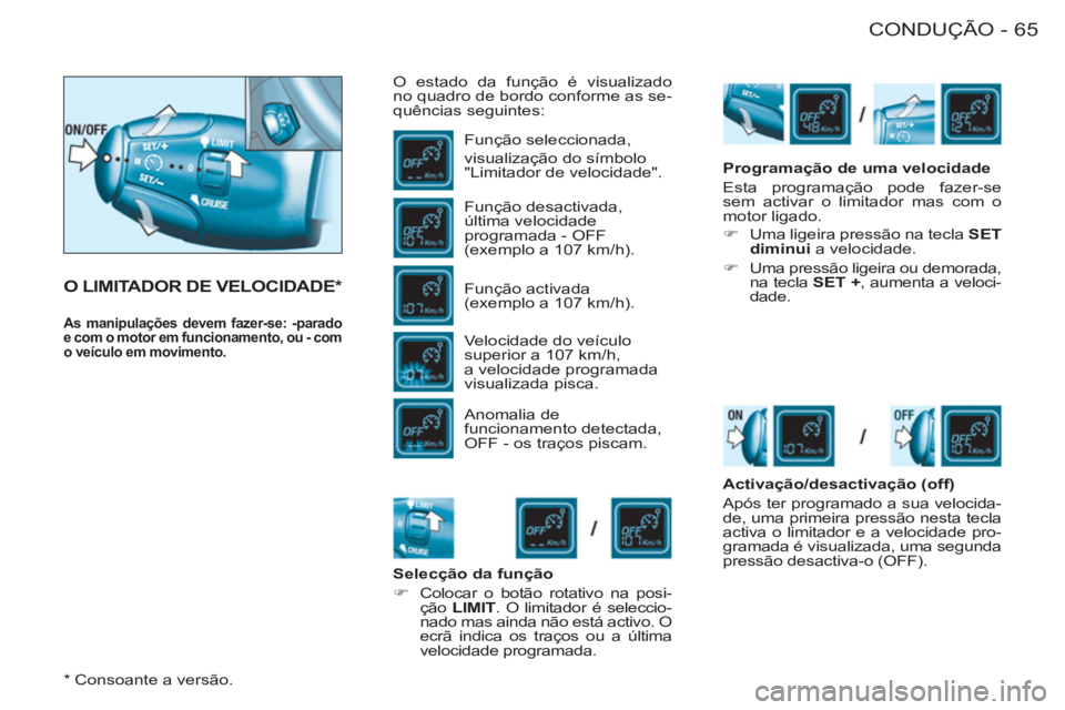 CITROEN BERLINGO FIRST 2011 Manual do condutor (in Portuguese) 65CONDUÇÃO-
O LIMITADOR DE VELOCIDADE *
O estado da função é visualizado
no quadro de bordo conforme as se-
quências seguintes:
Função seleccionada,
visualização do símbolo
"Li CITROEN BERLINGO FIRST 2011 Manual do condutor (in Portuguese) 65CONDUÇÃO-
O LIMITADOR DE VELOCIDADE *
O estado da função é visualizado
no quadro de bordo conforme as se-
quências seguintes:
Função seleccionada,
visualização do símbolo
"Li