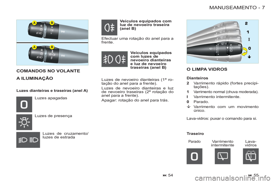 CITROEN BERLINGO FIRST 2011  Manual do condutor (in Portuguese) 7MANUSEAMENTO-
O LIMPA VIDROS
  COMANDOS NO VOLANTE
  A ILUMINA
ÇÃO 
Luzes de nevoeiro dianteiras (1 ª  ro-
tação do anel para a frente). 
  Luzes de nevoeiro dianteiras e luz 
de nevoeiro trasei