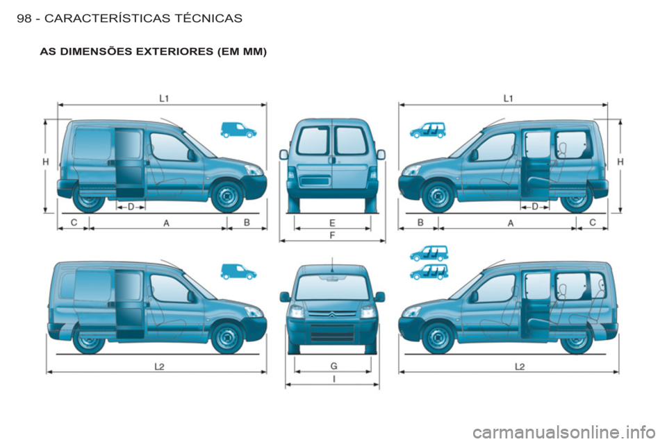 CITROEN BERLINGO FIRST 2011 Manual do condutor (in Portuguese) CARACTERÍSTICAS TÉCNICAS
98 -
AS DIMENSÕES EXTERIORES (EM MM) CITROEN BERLINGO FIRST 2011 Manual do condutor (in Portuguese) CARACTERÍSTICAS TÉCNICAS
98 -
AS DIMENSÕES EXTERIORES (EM MM)