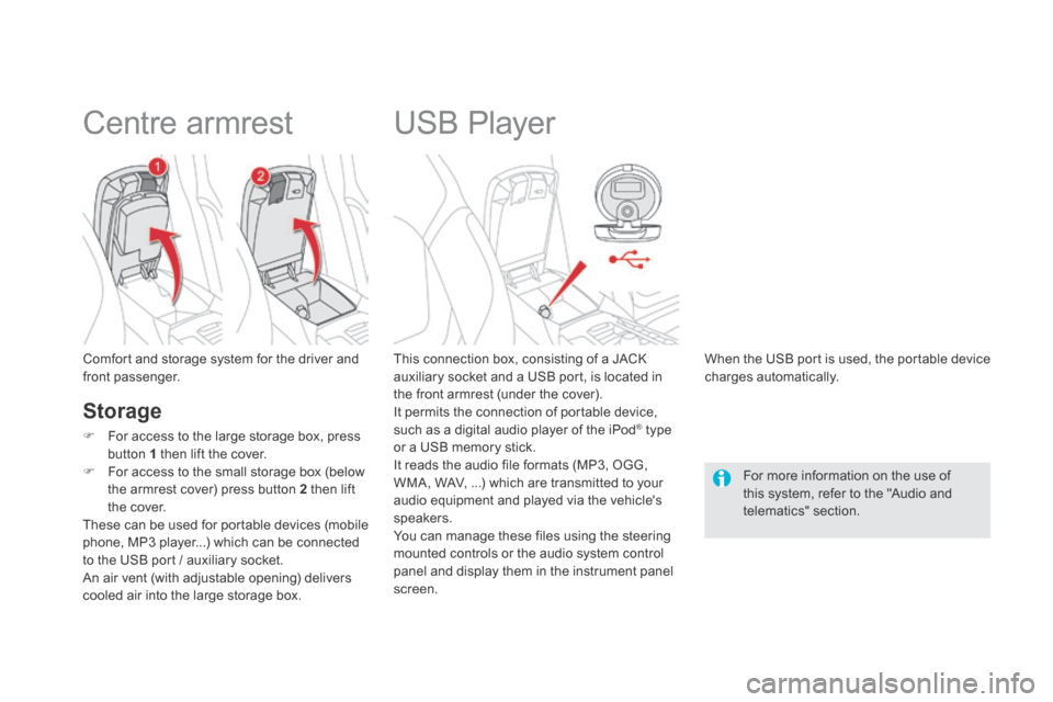 Citroen DS5 HYBRID4 2014 1.G Owners Manual DS5-HYBRID_EN_CHAP03_CONFORT_ED02-2013
            USB Player 
  This connection box, consisting of a JACK auxiliary socket and a USB port, is located in the front armrest (under the cover).  It permi