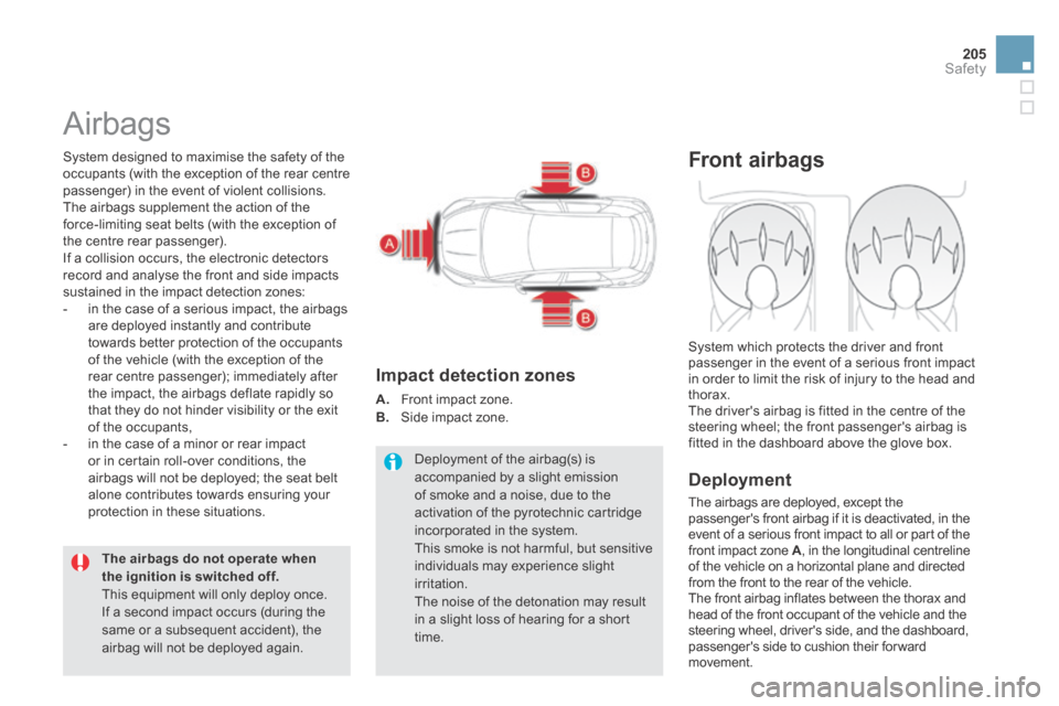 Citroen DS5 HYBRID4 2014 1.G Owners Manual 205Safety
DS5-HYBRID_EN_CHAP07_SECURITE_ED02-2013
 Airbags 
  System designed to maximise the safety of the occupants (with the exception of the rear centre passenger) in the event of violent collisio