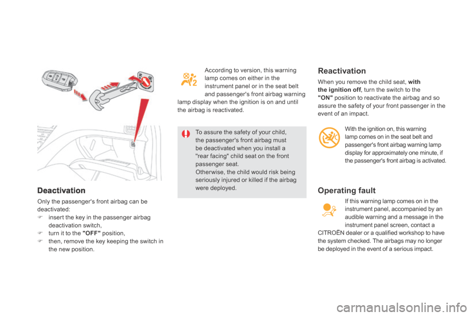 Citroen DS5 HYBRID4 2014 1.G Owners Manual   Deactivation 
 Only the passengers front airbag can be deactivated: 
   insert the key in the passenger airbag deactivation switch,    turn it to the  "OFF"   position,    then, remove the