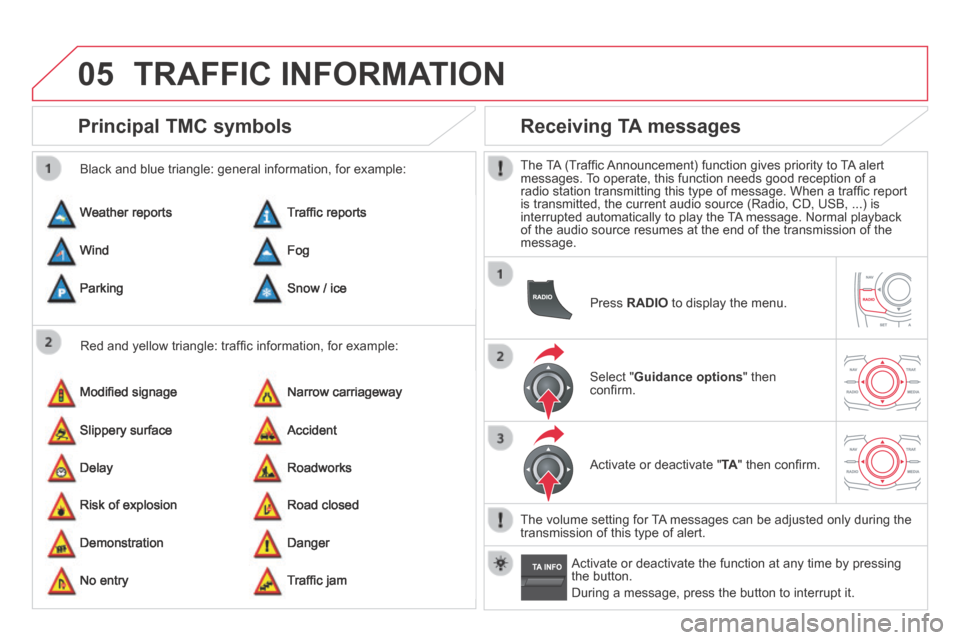 Citroen DS5 HYBRID4 2014 1.G Owners Manual 05
DS5-HYBRID_EN_CHAP11C_RT6_ED02-2013
TRAFFIC INFORMATION
Principal TMC symbols
Red and yellow triangle: traffi c information, for example:
Black and blue triangle: general information, for Citroen DS5 HYBRID4 2014 1.G Owners Manual 05
DS5-HYBRID_EN_CHAP11C_RT6_ED02-2013
TRAFFIC INFORMATION
Principal TMC symbols
Red and yellow triangle: traffi c information, for example:
Black and blue triangle: general information, for