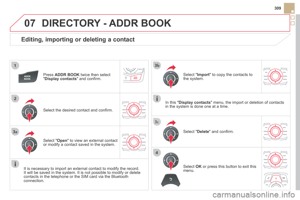 Citroen DS5 HYBRID4 2014 1.G Owners Manual 07
309
DS5-HYBRID_EN_CHAP11C_RT6_ED02-2013
  Editing, importing or deleting a contact 
  Press   ADDR BOOK  twice then select " Display contacts " and conﬁ rm.  
  Select the desired contact and con