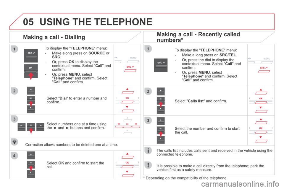 Citroen DS5 HYBRID4 2014 1.G Owners Manual  
  
05
DS5-HYBRID_EN_CHAP11D_RD5_ED02-2013
 USING THE TELEPHONE 
  To display the " TELEPHONE "  menu: 
   -   Make  along  press  on   SOURCE   or SRC . 
  -   Or,  press   OK  to display the contex