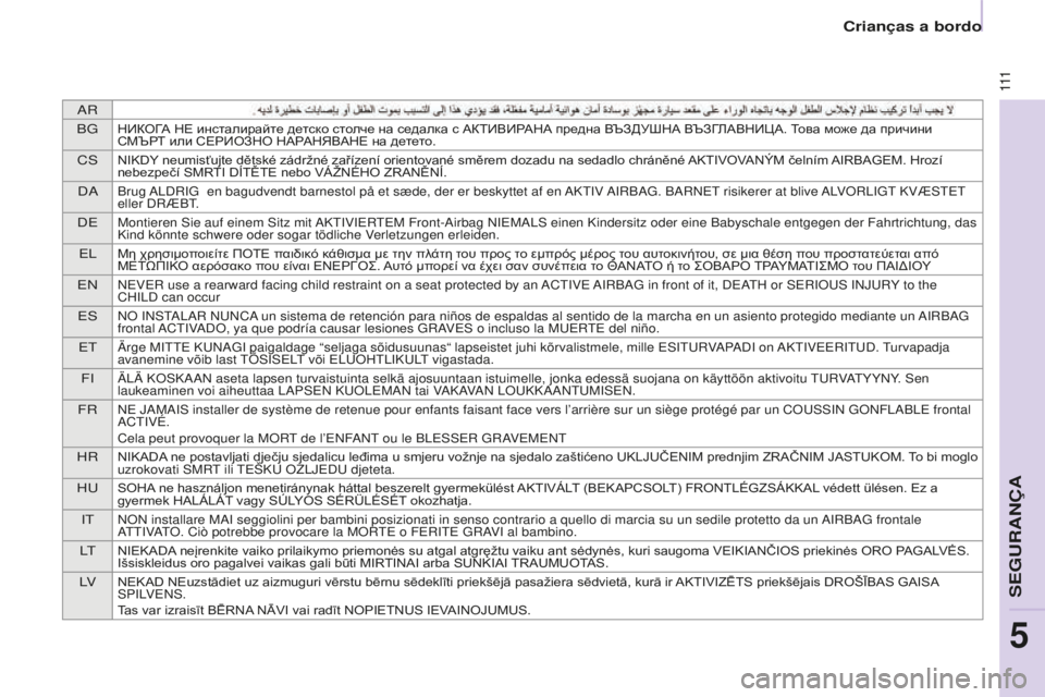 CITROEN BERLINGO ELECTRIC 2017  Manual do condutor (in Portuguese) ar
BGНИКОГА НЕ инсталирайте детско столче на седалка с АКТИВИРАНА предна ВЪЗДУШНА ВЪЗГЛАВНИЦА. Това може да пр