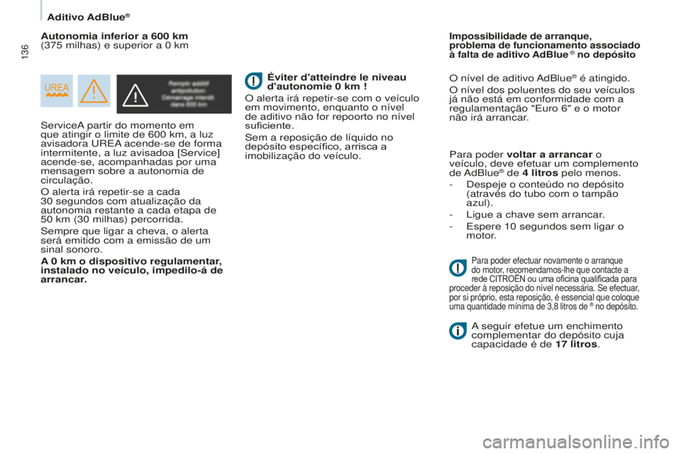 CITROEN BERLINGO ELECTRIC 2017 Manual do condutor (in Portuguese) 136
Berlingo-2-VU_pt_Chap07_Verification_ed01-2015Berlingo-2-VU_pt_Chap07_Verification_ed01-2015
servicea partir do momento em
que atingir o limite de 600 km, a luz
avisadora
urea
acende-se de f CITROEN BERLINGO ELECTRIC 2017 Manual do condutor (in Portuguese) 136
Berlingo-2-VU_pt_Chap07_Verification_ed01-2015Berlingo-2-VU_pt_Chap07_Verification_ed01-2015
servicea partir do momento em
que atingir o limite de 600 km, a luz
avisadora
urea
acende-se de f