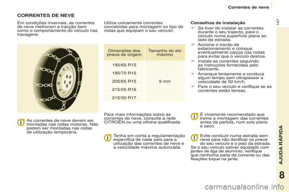 CITROEN BERLINGO ELECTRIC 2017 Manual do condutor (in Portuguese) 147
Berlingo-2-Vu_pt_Chap08_aide rapide_ed01-2015Berlingo-2-Vu_pt_Chap08_aide rapide_ed01-2015
CORRENTES dE NEVE
em condições invernais, as correntes
de neve melhoram a tracção bem
como o compor CITROEN BERLINGO ELECTRIC 2017 Manual do condutor (in Portuguese) 147
Berlingo-2-Vu_pt_Chap08_aide rapide_ed01-2015Berlingo-2-Vu_pt_Chap08_aide rapide_ed01-2015
CORRENTES dE NEVE
em condições invernais, as correntes
de neve melhoram a tracção bem
como o compor